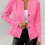 Elegant Cable Knit Cropped Jacket for Women with Stand Collar Long Sleeve Button Front Fitted Style