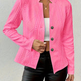 Elegant Cable Knit Cropped Jacket for Women with Stand Collar Long Sleeve Button Front Fitted Style