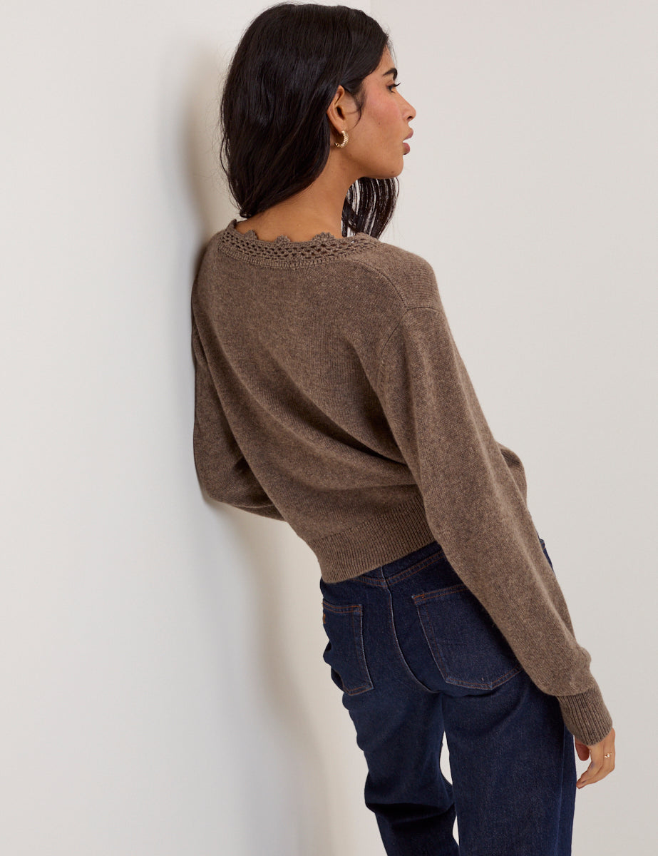 Women's Cardigan - Brown Wool Blend Crochet Trim Elodie - product view 5