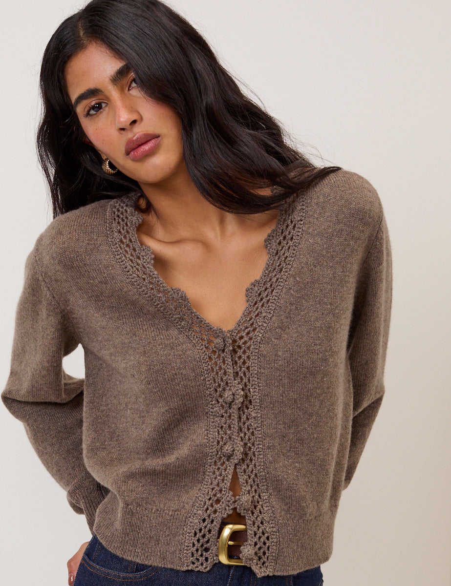 Women's Cardigan - Brown Wool Blend Crochet Trim Elodie - product view 4