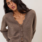 Women's Cardigan - Brown Wool Blend Crochet Trim Elodie - product view 4