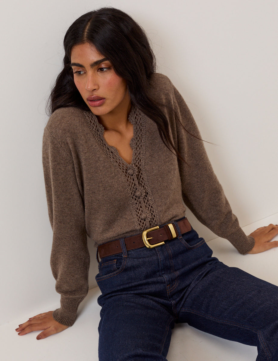 Women's Cardigan - Brown Wool Blend Crochet Trim Elodie - product view 1