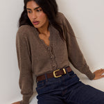 Women's Cardigan - Brown Wool Blend Crochet Trim Elodie - product view 1