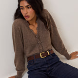 Women's Cardigan - Brown Wool Blend Crochet Trim Elodie - product view 1