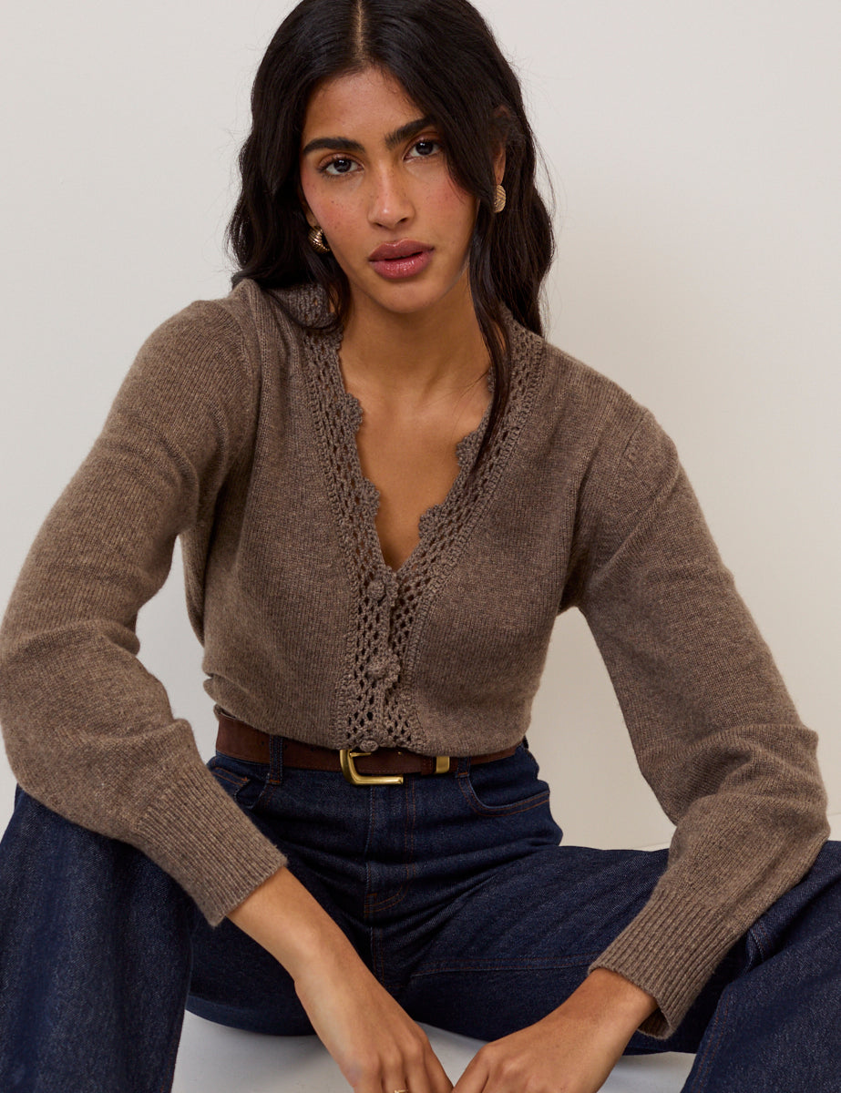 Women's Cardigan - Brown Wool Blend Crochet Trim Elodie - product view 3