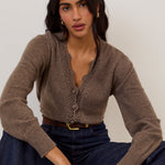 Women's Cardigan - Brown Wool Blend Crochet Trim Elodie - product view 3