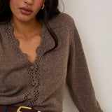 Women's Cardigan - Brown Wool Blend Crochet Trim Elodie - product view 2