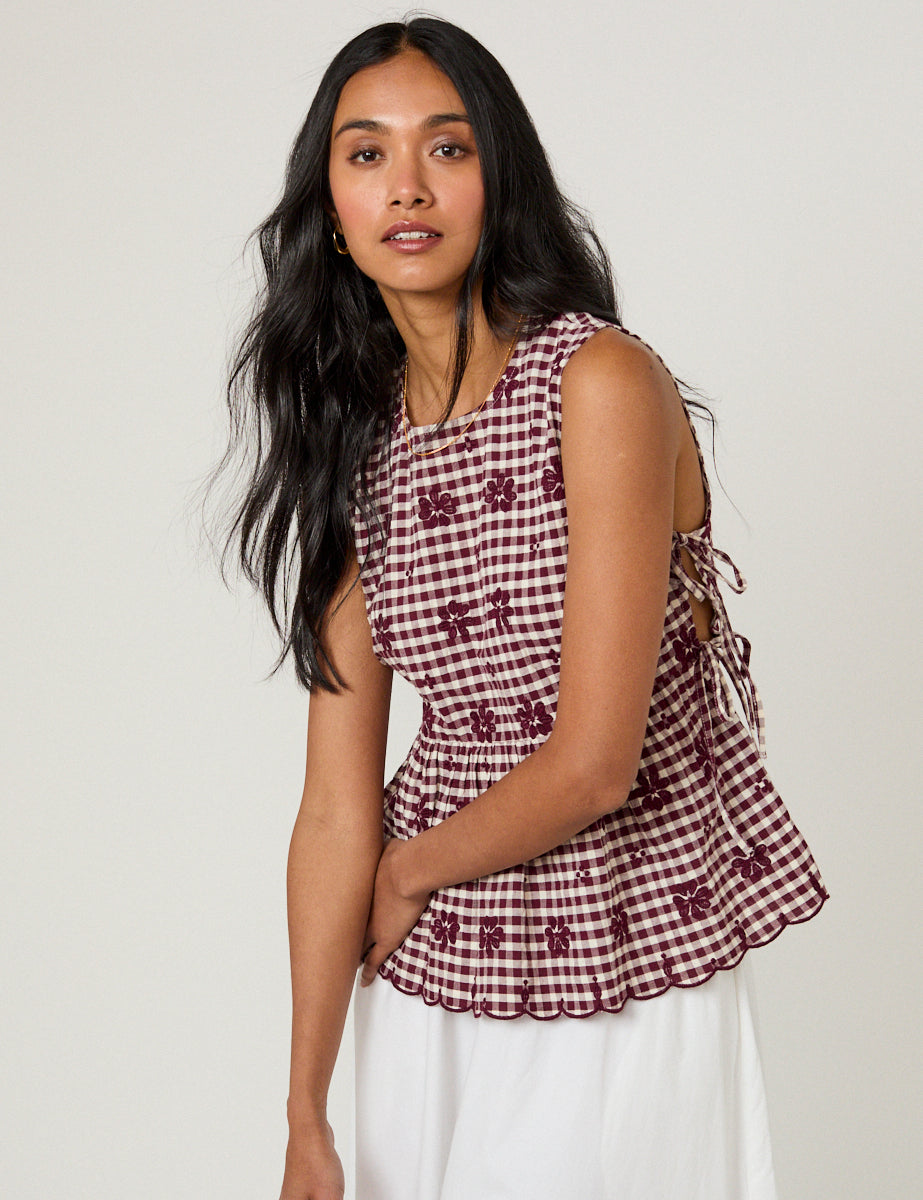 Women's Top - Burgundy Gingham Side Tie Swing - product view 1