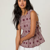 Women's Top - Burgundy Gingham Side Tie Swing - product view 1