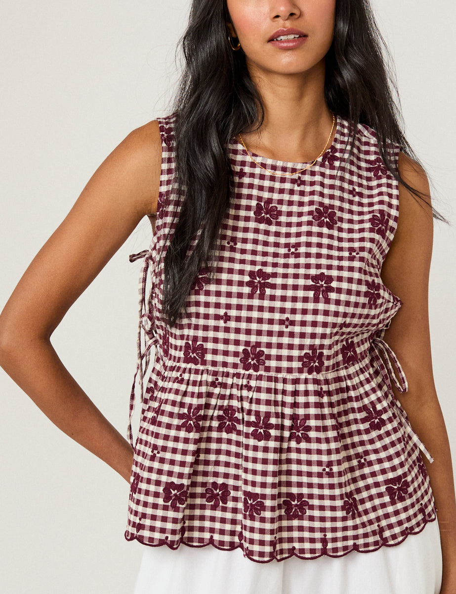 Women's Top - Burgundy Gingham Side Tie Swing - product view 2