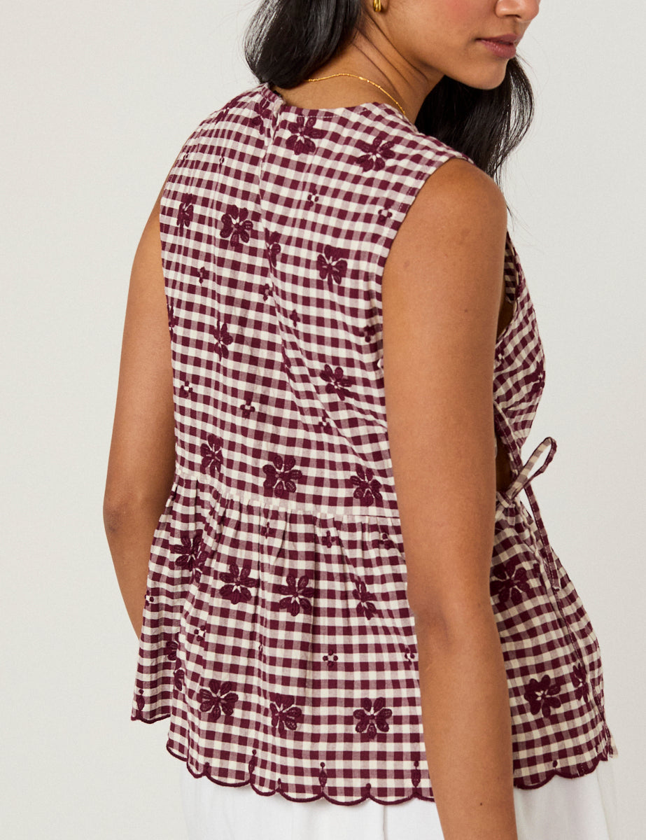 Women's Top - Burgundy Gingham Side Tie Swing - product view 5