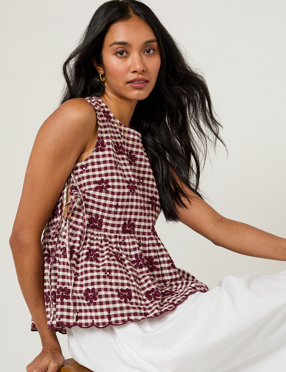 Women's Top - Burgundy Gingham Side Tie Swing - product view 4