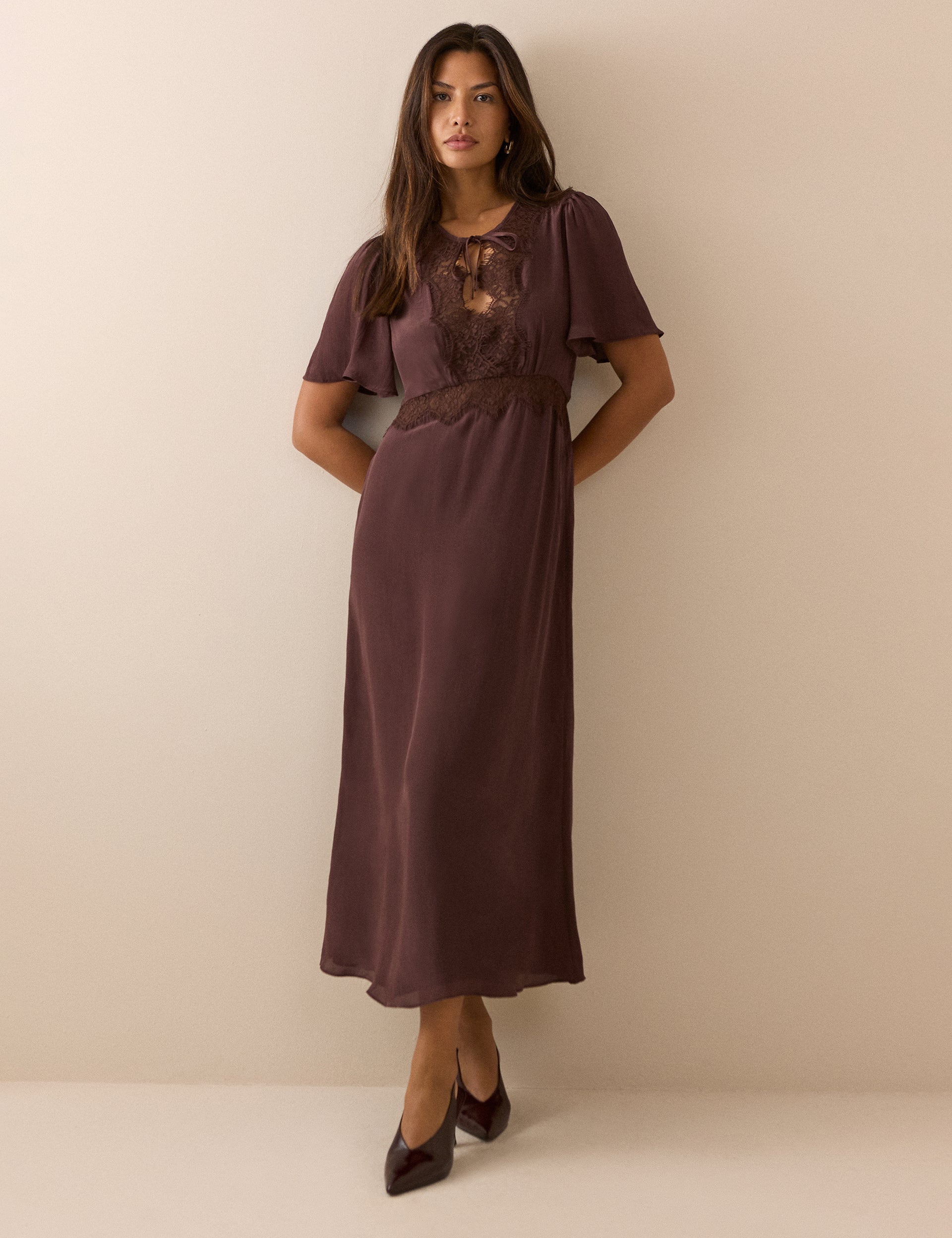 Women's Midi Dress - Brown Lace Trim Wynne - product view 3