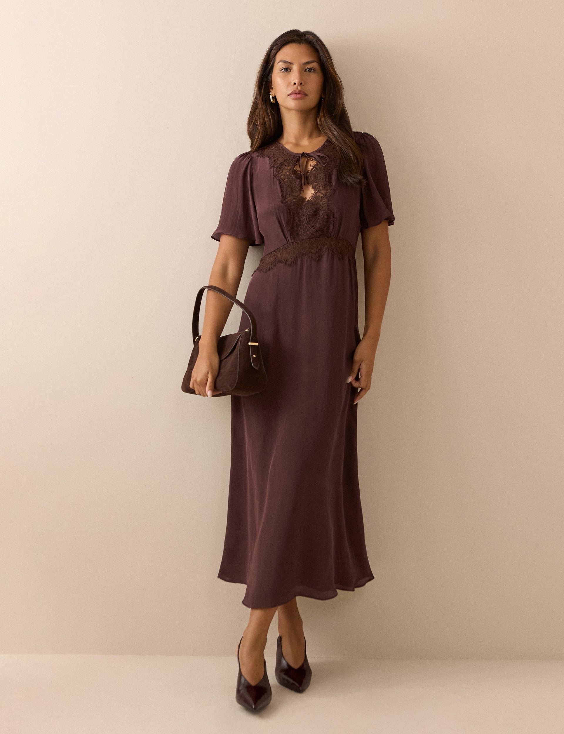 Women's Midi Dress - Brown Lace Trim Wynne - product view 1