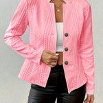 Elegant Cable Knit Cropped Jacket for Women with Stand Collar Long Sleeve Button Front Fitted Style