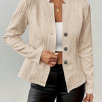 Elegant Cable Knit Cropped Jacket for Women with Stand Collar Long Sleeve Button Front Fitted Style