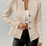 Elegant Cable Knit Cropped Jacket for Women with Stand Collar Long Sleeve Button Front Fitted Style