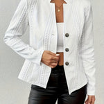 Elegant Cable Knit Cropped Jacket for Women with Stand Collar Long Sleeve Button Front Fitted Style