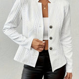 Elegant Cable Knit Cropped Jacket for Women with Stand Collar Long Sleeve Button Front Fitted Style