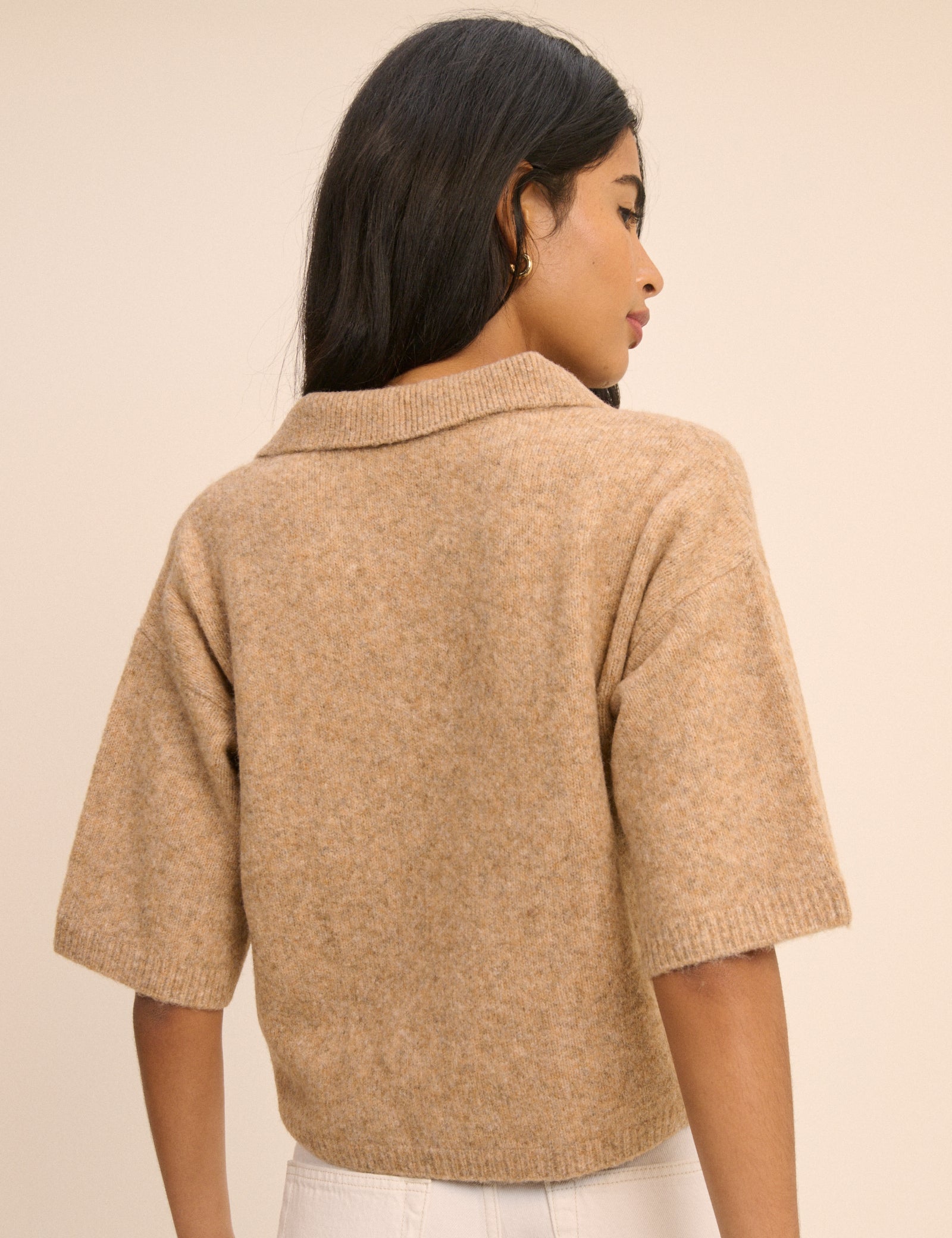 Women's T-Shirt - Brown Open Collar Polo Knitted - product view 5