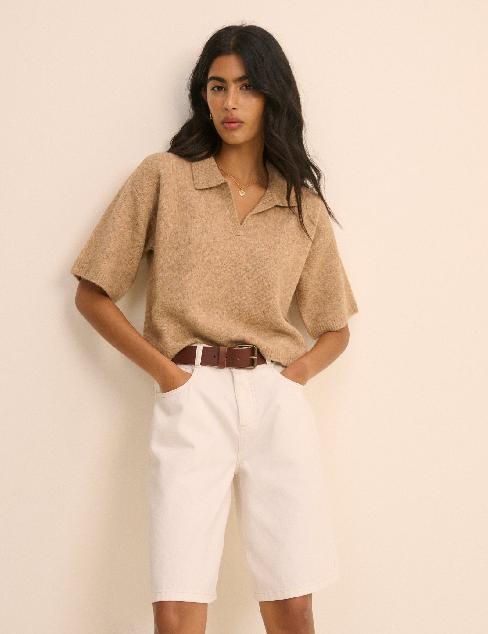 Women's T-Shirt - Brown Open Collar Polo Knitted - product view 1