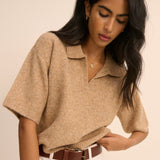 Women's T-Shirt - Brown Open Collar Polo Knitted - product view 2