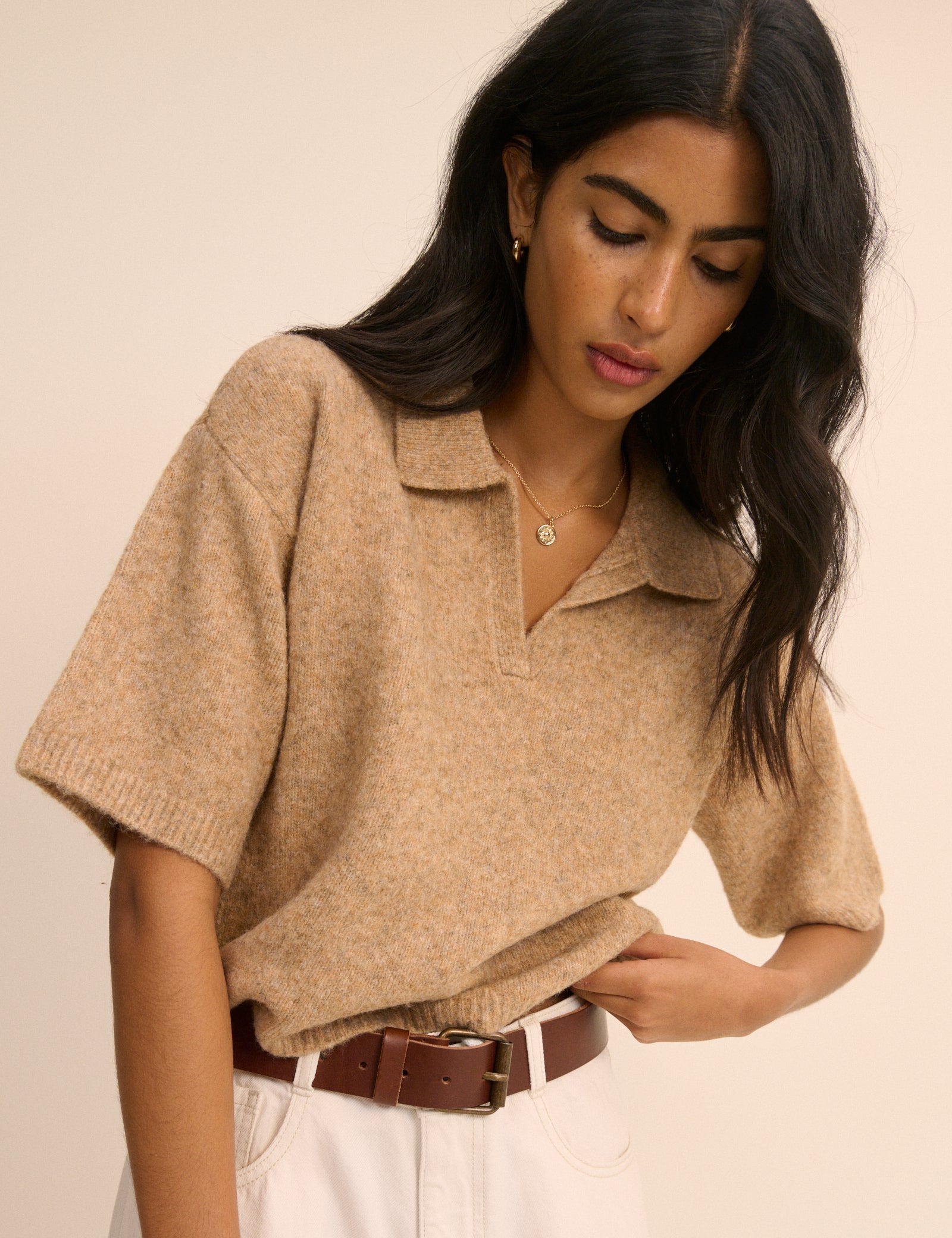 Women's T-Shirt - Brown Open Collar Polo Knitted - product view 2