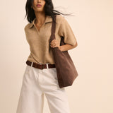Women's T-Shirt - Brown Open Collar Polo Knitted - product view 4