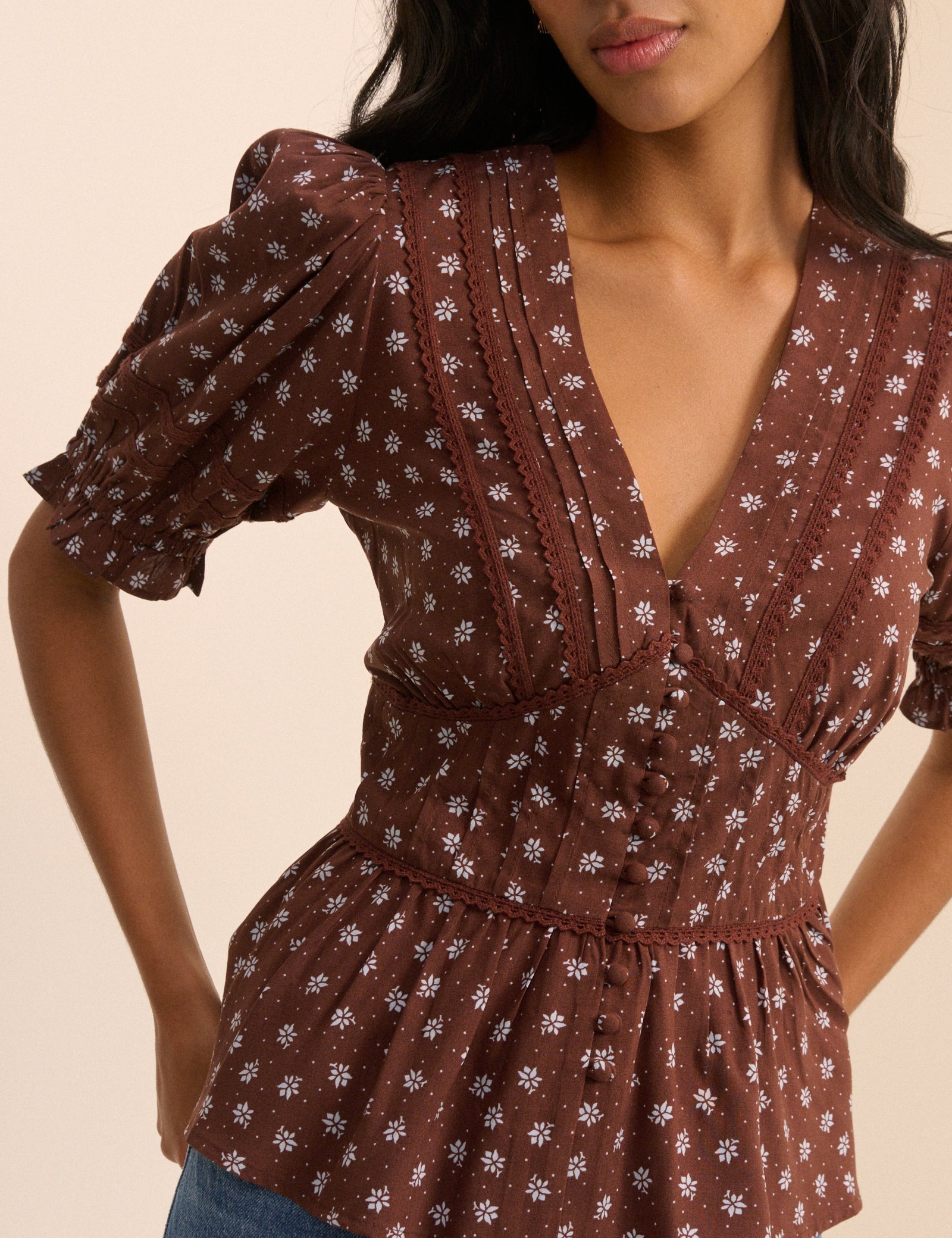 Women's Blouse - Brown Ditsy Floral Puff Sleeve Seren - product view 2