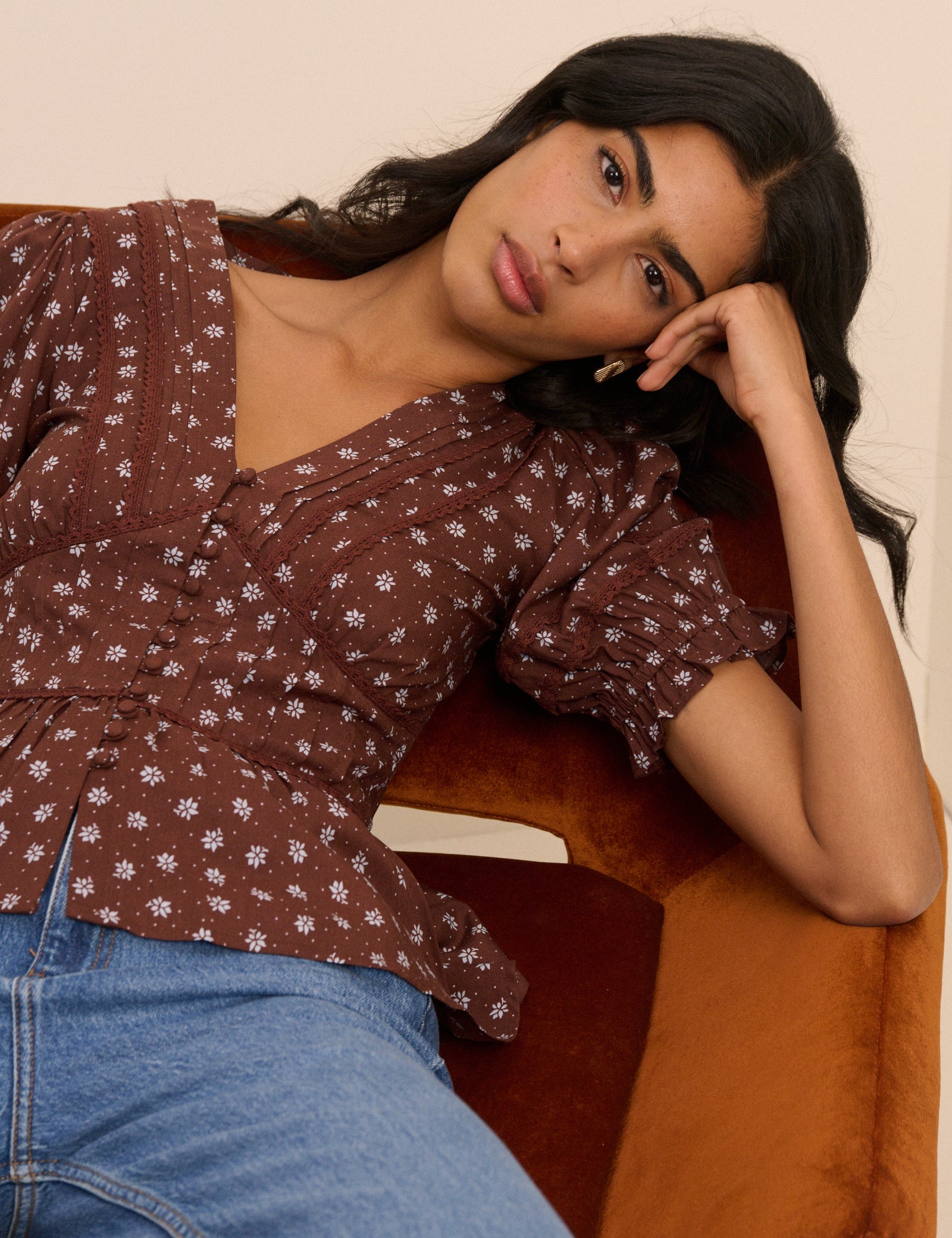 Women's Blouse - Brown Ditsy Floral Puff Sleeve Seren - product view 3