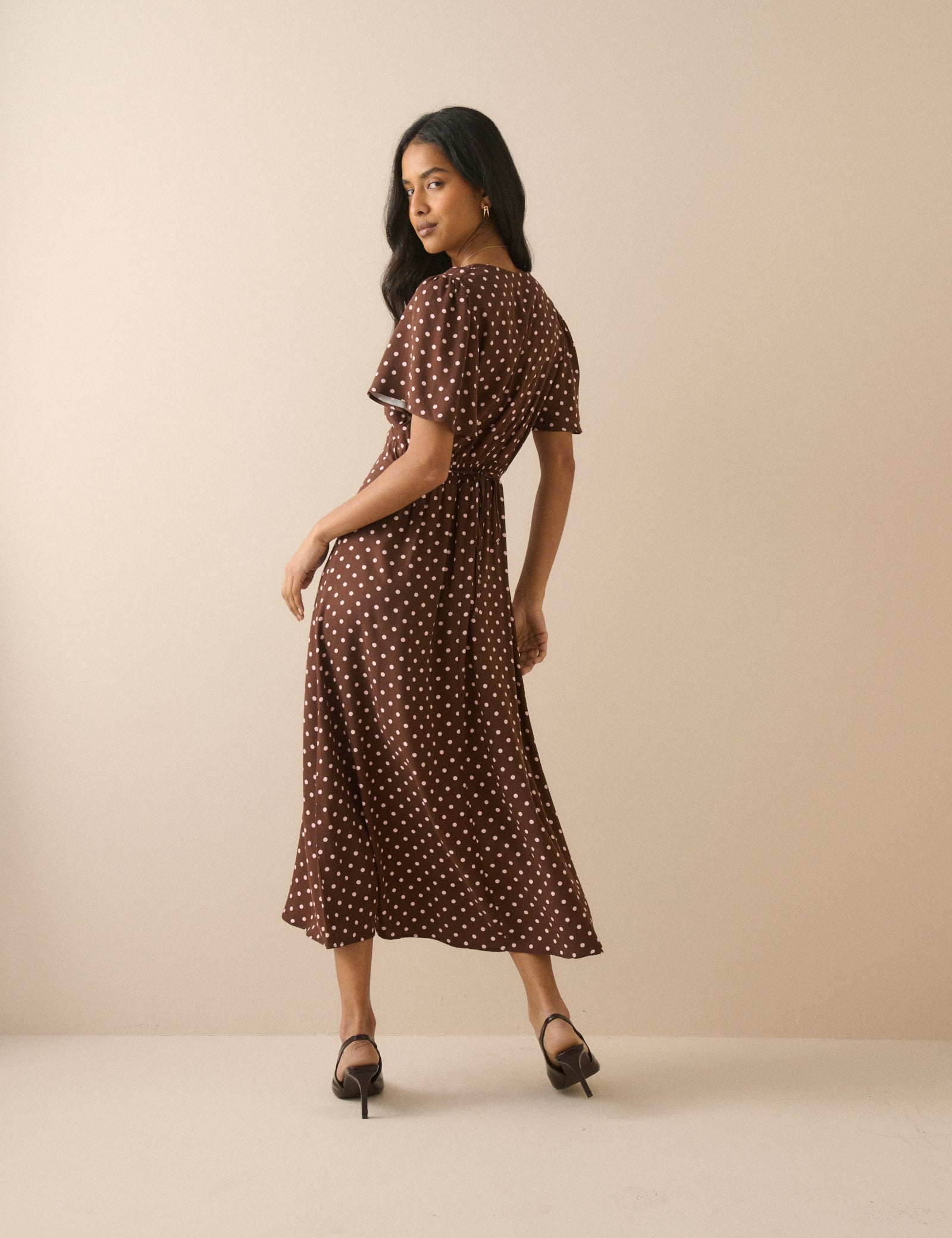Women's Midi Dress - Brown Polka Dot Atlas - product view 4