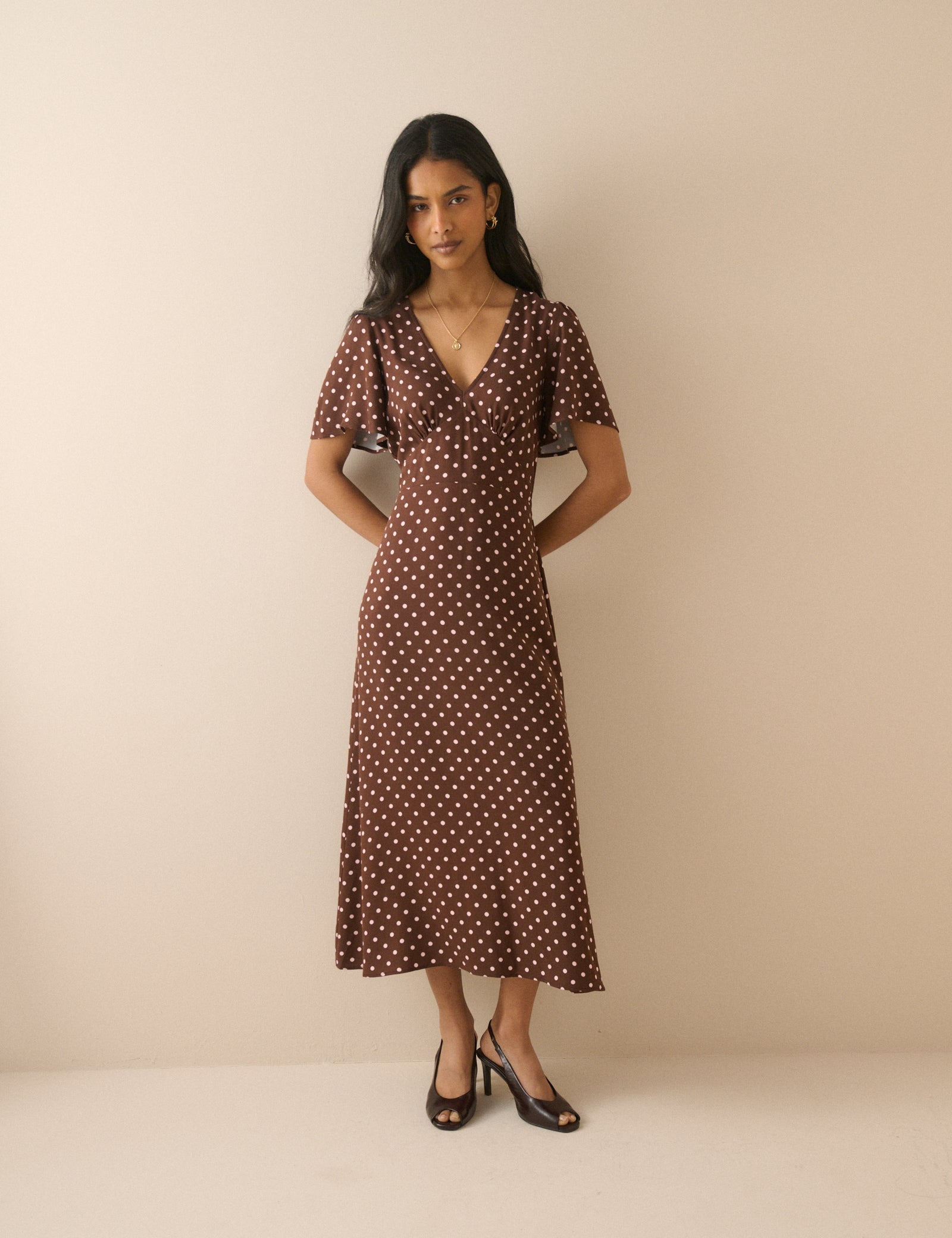 Women's Midi Dress - Brown Polka Dot Atlas - product view 1