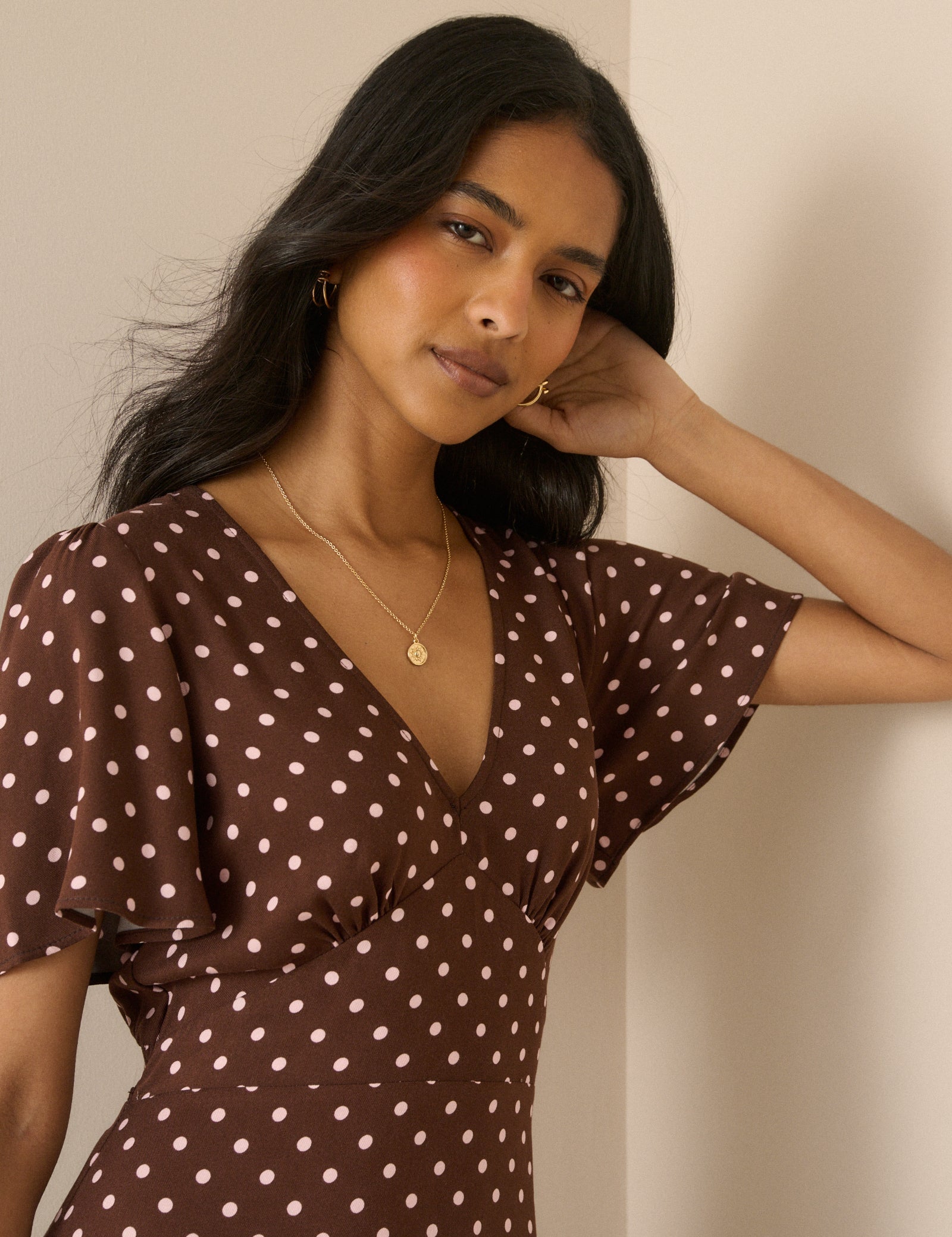 Women's Midi Dress - Brown Polka Dot Atlas - product view 3