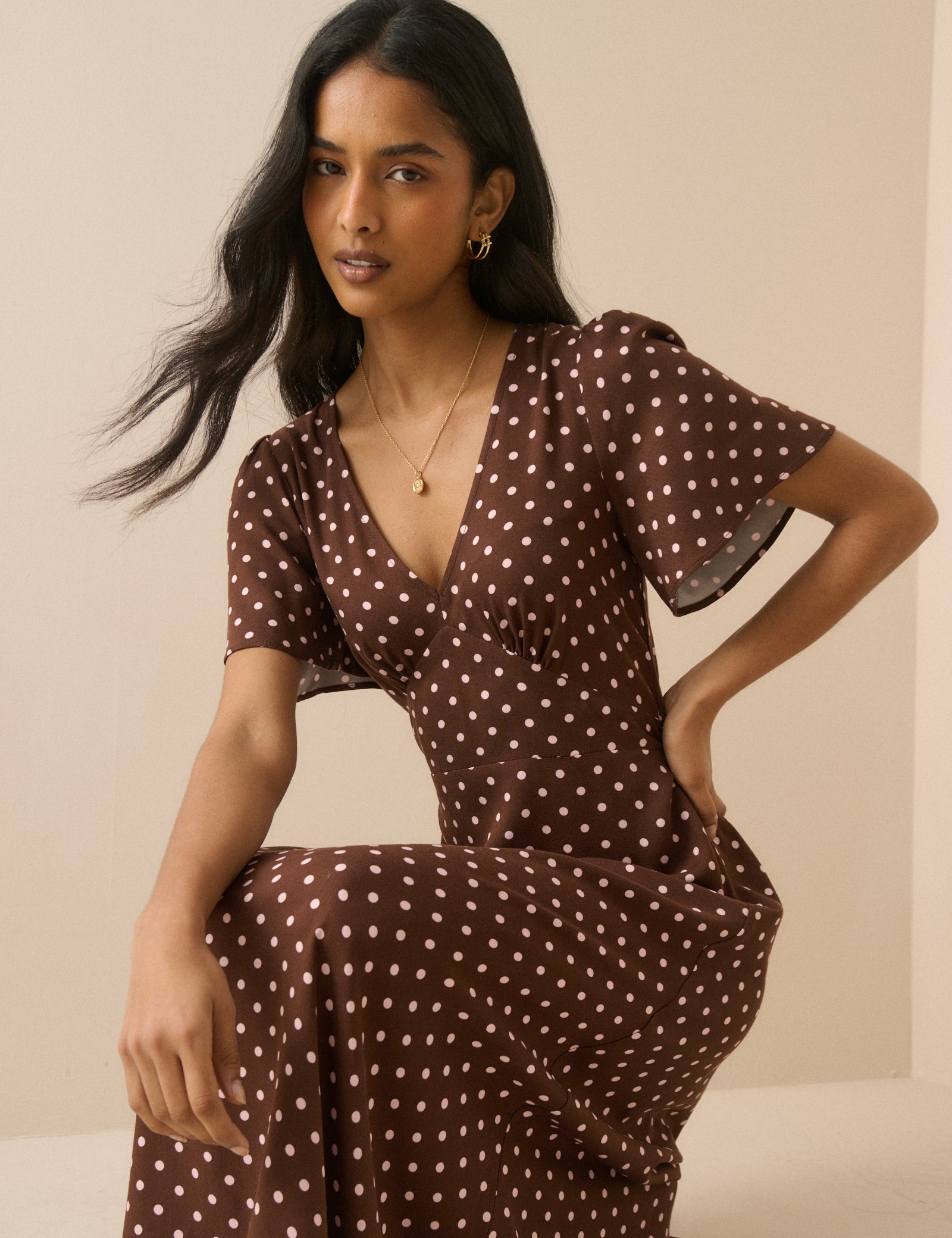 Women's Midi Dress - Brown Polka Dot Atlas - product view 2