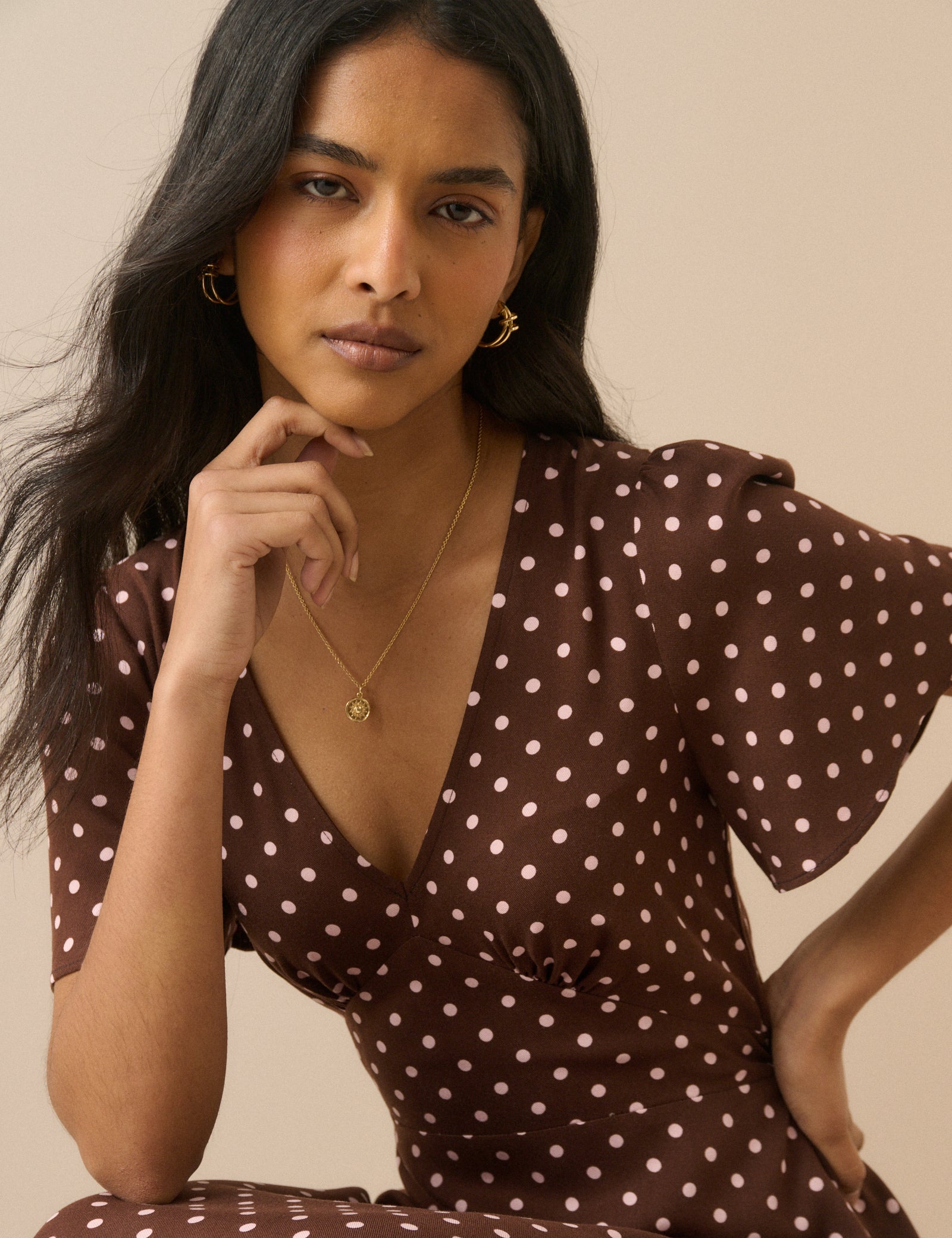 Women's Midi Dress - Brown Polka Dot Atlas - product view 5