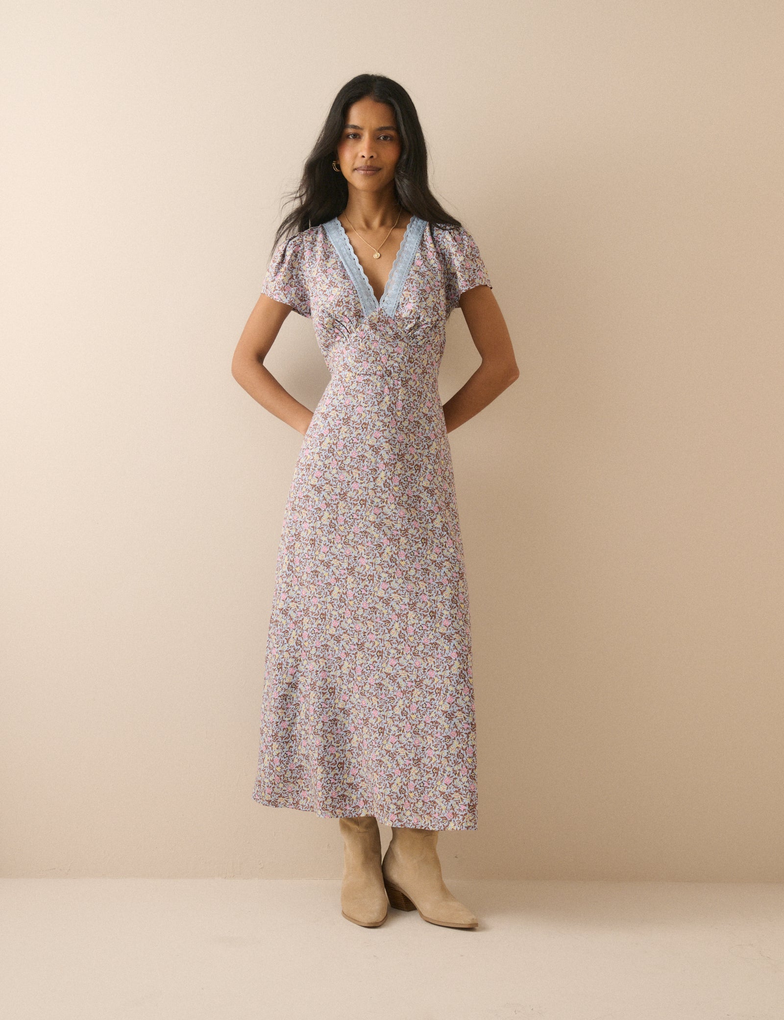 Women's Midi Dress - Blue Ditsy Floral Lace Trim Kacey - product view 1