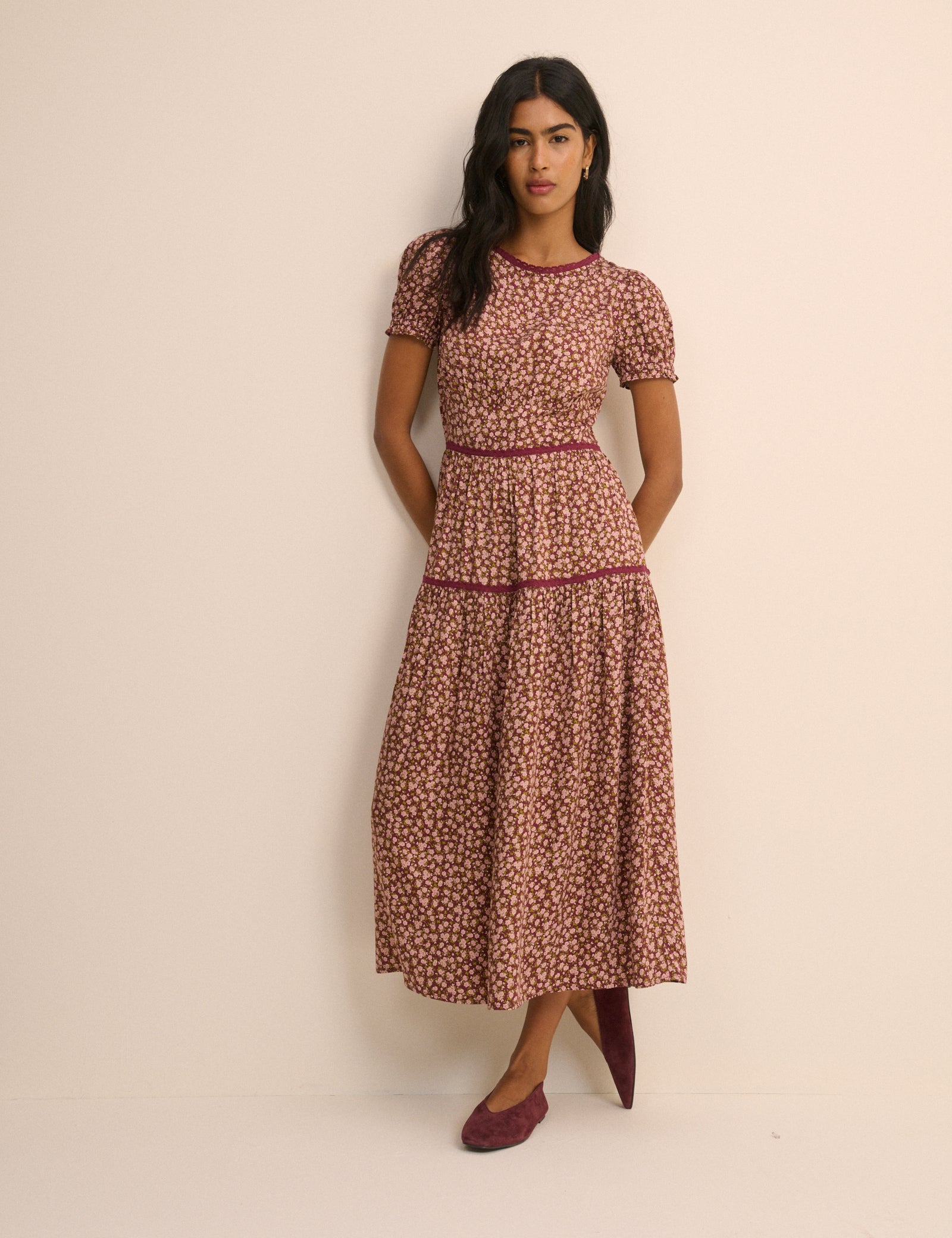 Women's Midi Dress - Burgundy Floral Tiered Dara - product view 2