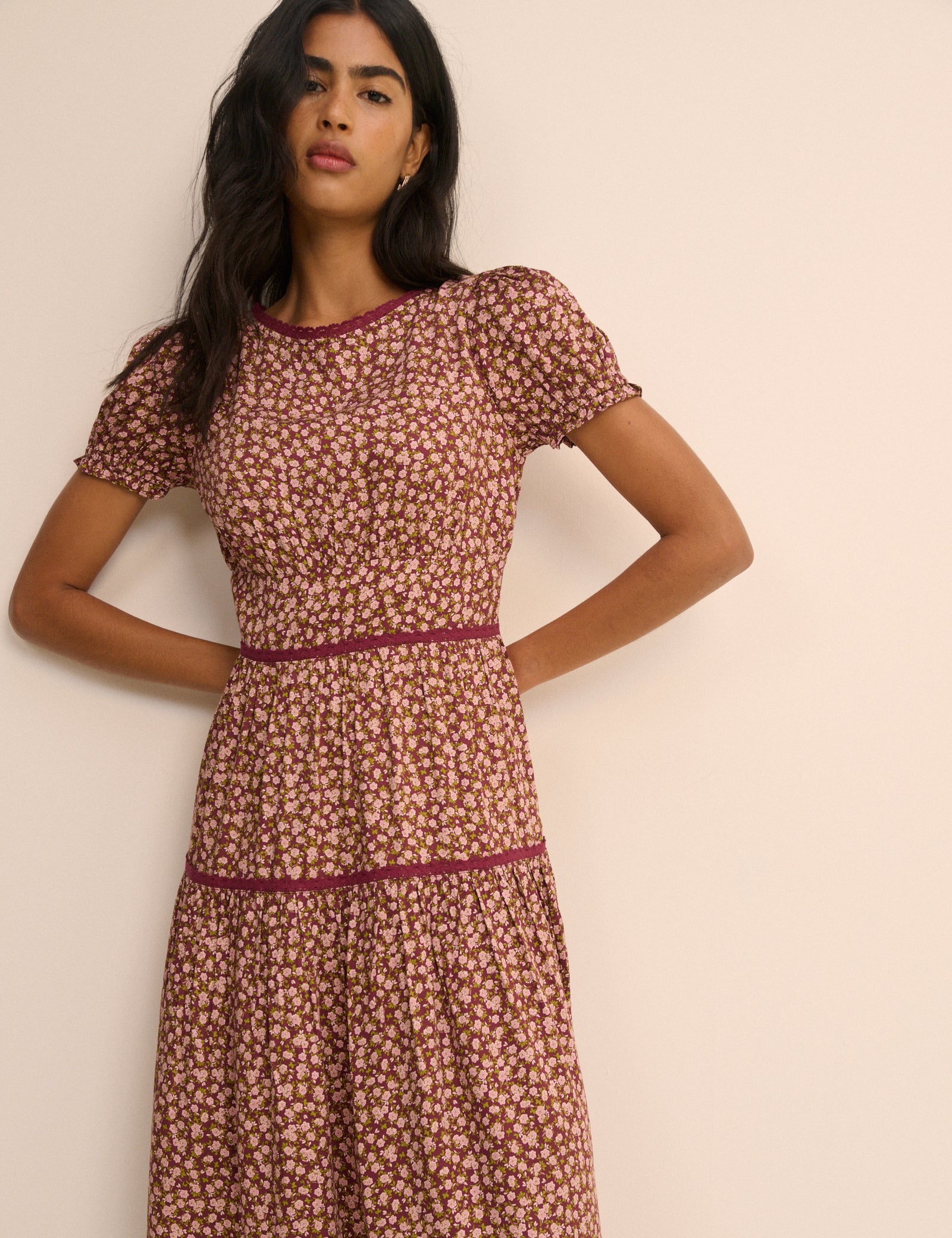 Women's Midi Dress - Burgundy Floral Tiered Dara - product view 4