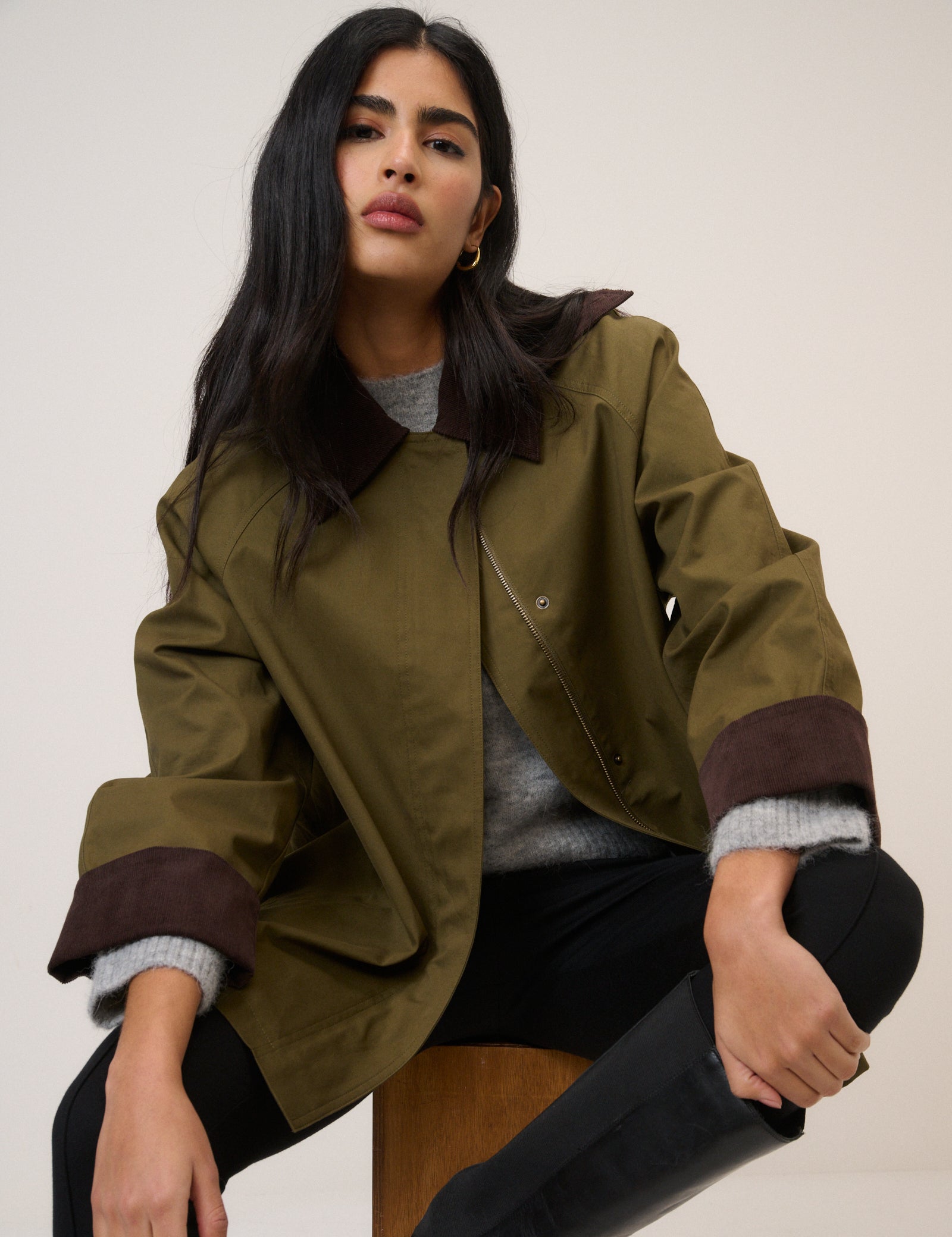 Women's Jacket - Khaki Cord Detail Barn - product view 1