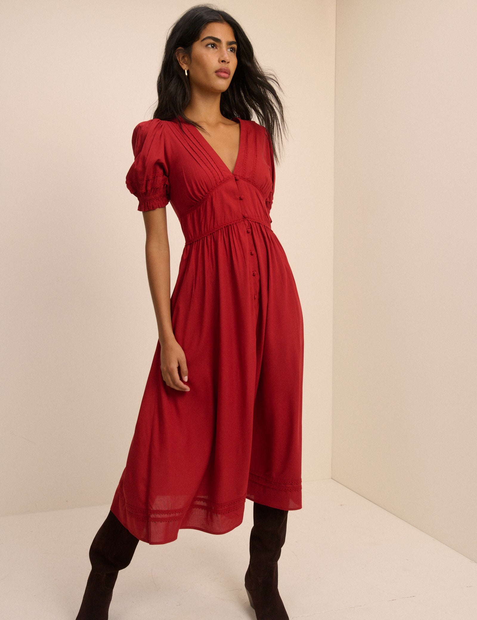 Women's Midi Dress - Red Button Front Frances - product view 3