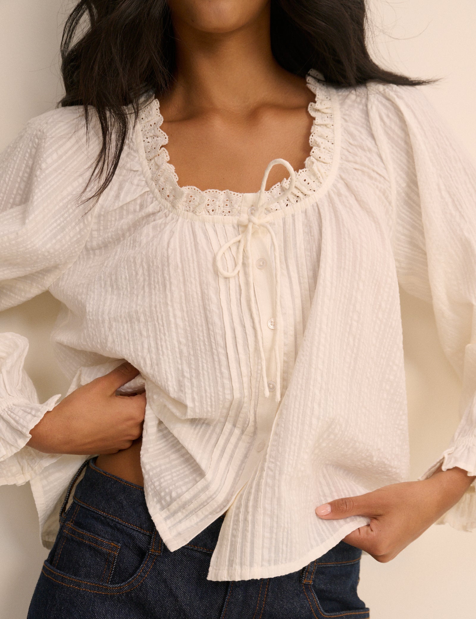 Women's Blouse - White Broderie Anglaise Trim Lumi - product view 2