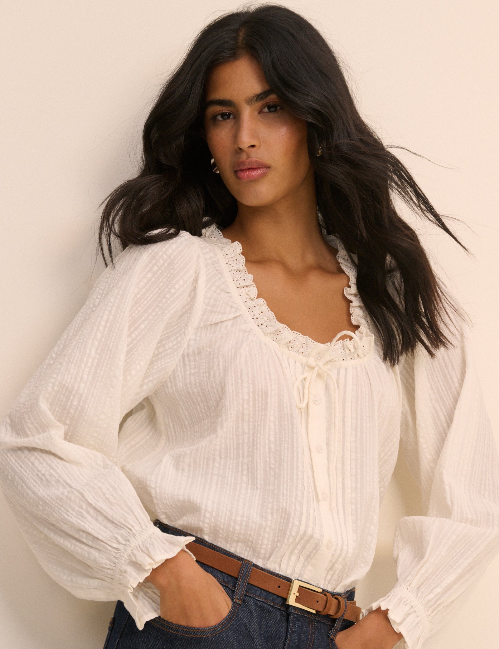 Women's Blouse - White Broderie Anglaise Trim Lumi - product view 3