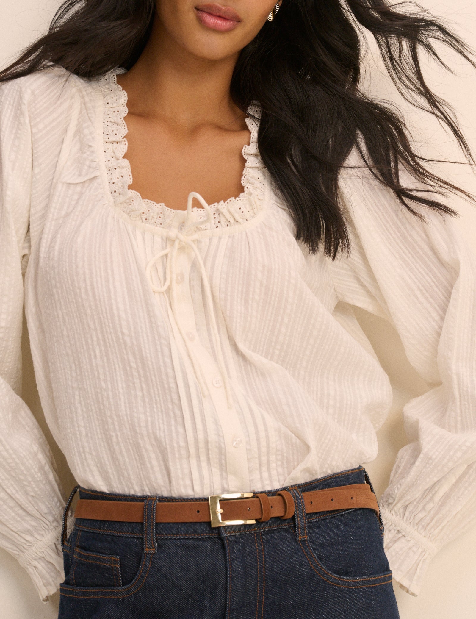 Women's Blouse - White Broderie Anglaise Trim Lumi - product view 6