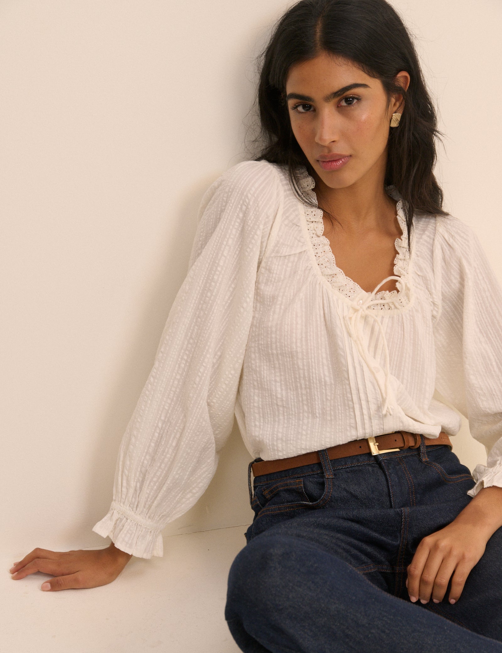 Women's Blouse - White Broderie Anglaise Trim Lumi - product view 5