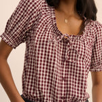 Women's Blouse - Burgundy Gingham Puff Sleeve Lumi - product view 3