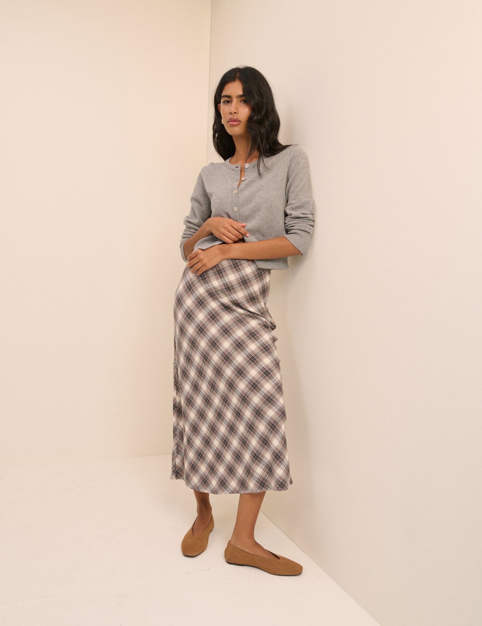 Women's Skirt - Brown Check Midi Slip - product view 1
