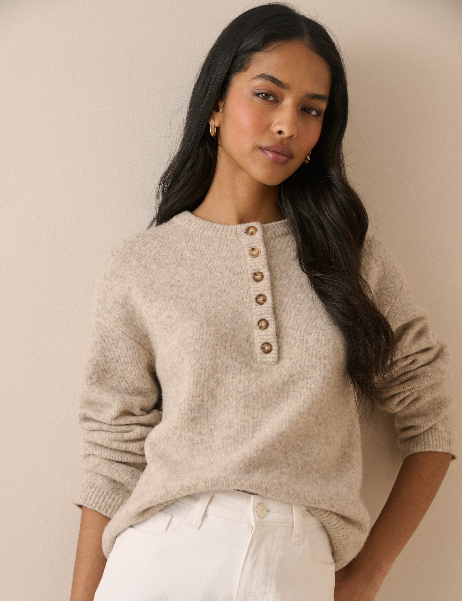 Women's Jumper - Cream Relaxed Fit Henley - product view 1