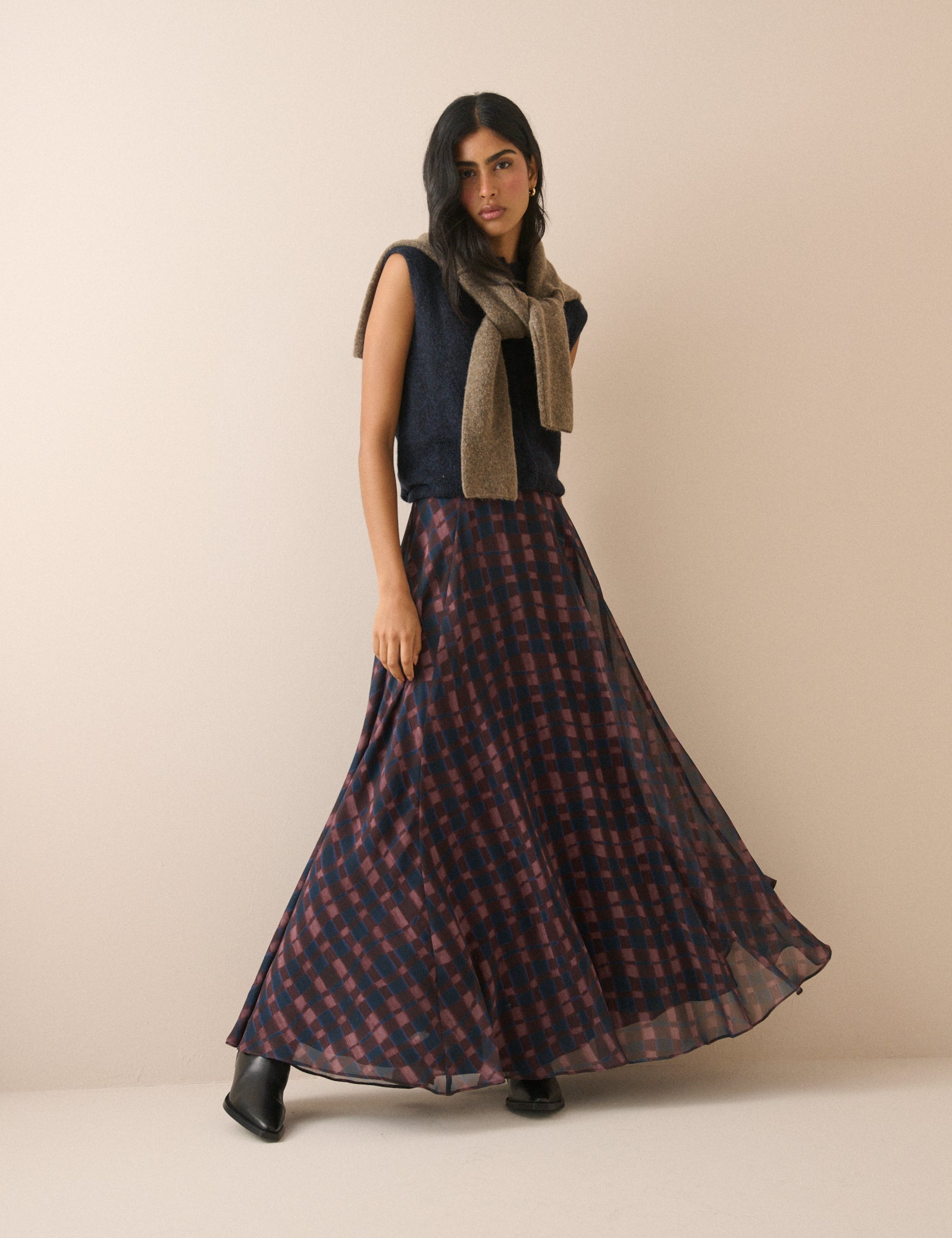 Women's Skirt - Blue and Burgundy Check Madden Maxi - product view 1