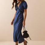Women's Midi Dress - Navy Jacquard Floral Satin Nicolette - product view 1