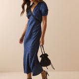 Women's Midi Dress - Navy Jacquard Floral Satin Nicolette - product view 1
